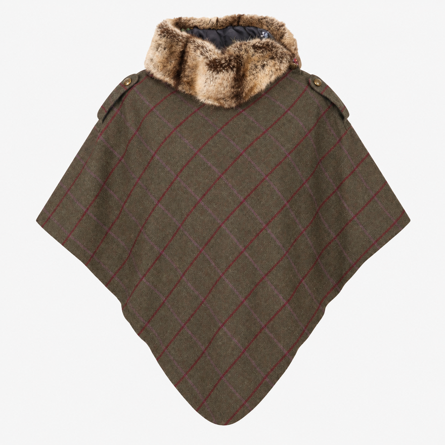 Poncho Wool Blend Faux Fur Collar Checked Dark Gre