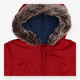 Pramsuit red with mittens and fur trim hood fleece