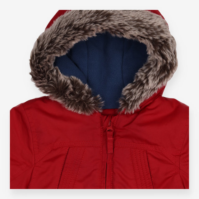 Pramsuit red with mittens and fur trim hood fleece