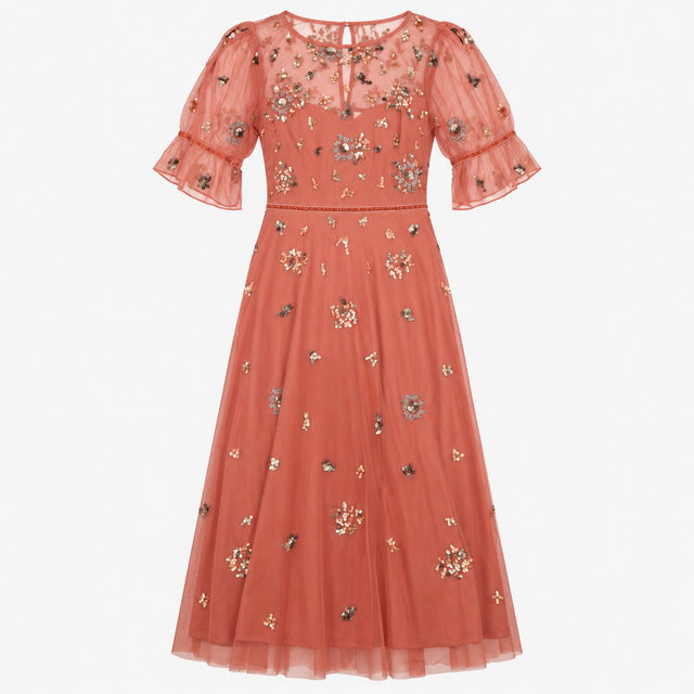 Dusty Pink Sequin Embellished Short Sleeve Maxi Dr