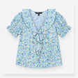 Light Blue Floral Ruffle Collar Short Sleeve Blous