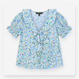 Light Blue Floral Ruffle Collar Short Sleeve Blous