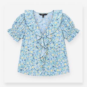 Light Blue Floral Ruffle Collar Short Sleeve Blous