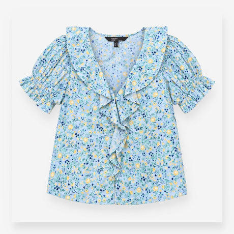 Light Blue Floral Ruffle Collar Short Sleeve Blous