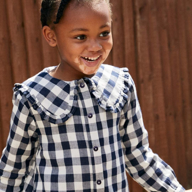 Navy Gingham Ruffle Hem Dress