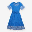 Midi Dress Embroidered Short Sleeve Tie Belt Blue