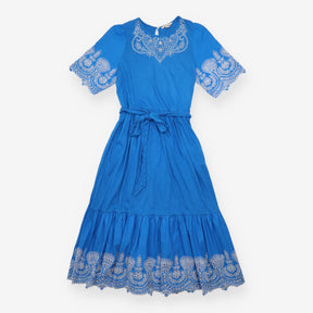 Midi Dress Embroidered Short Sleeve Tie Belt Blue