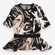 Top Black Cream Beige Marble Print Peplum