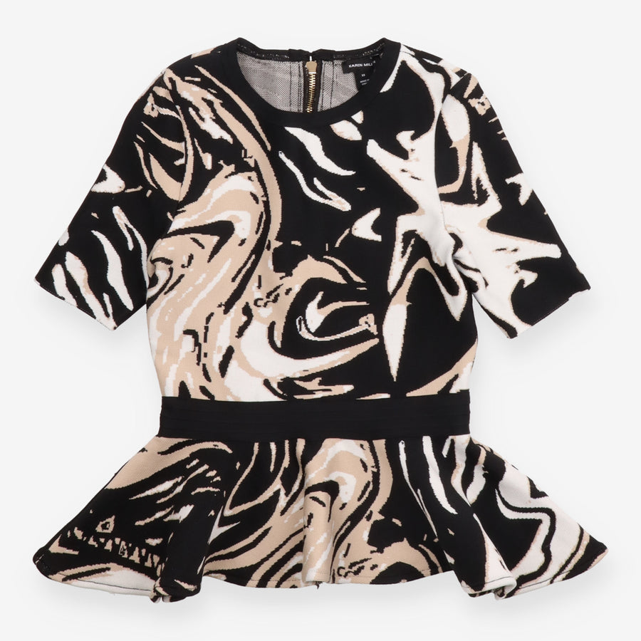 Top Black Cream Beige Marble Print Peplum