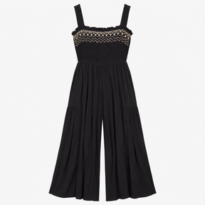 Black Embroidered Smocked Jumpsuit Viscose