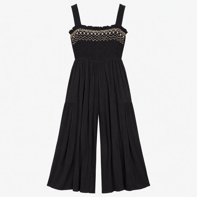Black Embroidered Smocked Jumpsuit Viscose