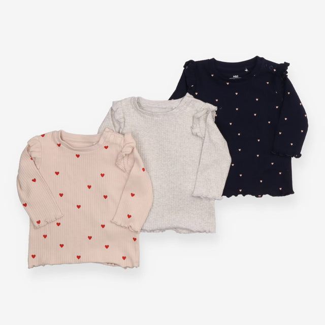 Tee LS 3 pc rib frill shoulder blue cream grey 