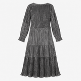 Midi Dress Black Gold Metallic Pleated Tiered V Ne