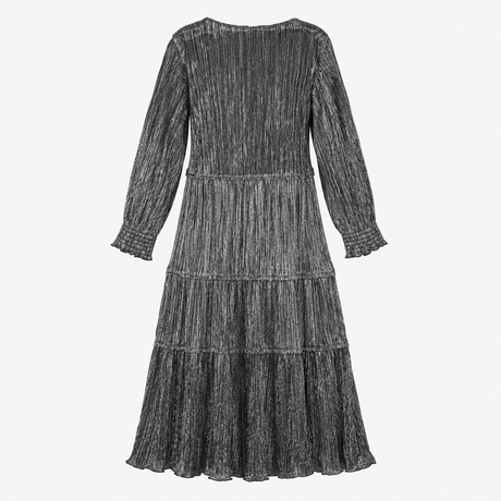 Midi Dress Black Gold Metallic Pleated Tiered V Ne