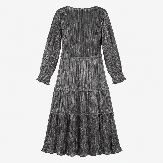 Midi Dress Black Gold Metallic Pleated Tiered V Ne