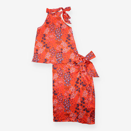 Co-ord Set Orange Floral Leopard Top Wrap Skirt