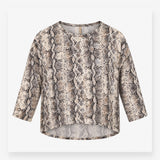 Top Cream Grey Snakeskin Print Long Sleeve High Lo