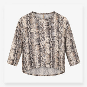 Top Cream Grey Snakeskin Print Long Sleeve High Lo