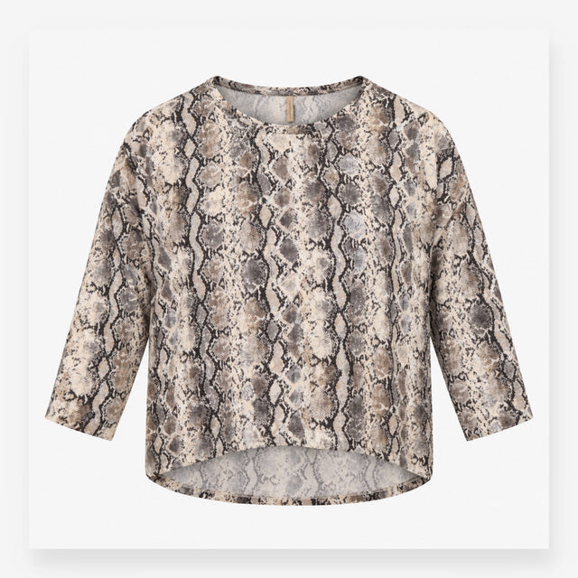 Top Cream Grey Snakeskin Print Long Sleeve High Lo