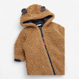 Pramsuit Brown with Ears & Navy Striped Lining