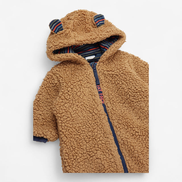 Pramsuit Brown with Ears & Navy Striped Lining