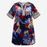 Navy Blue Floral Devoré Velvet V-Neck Short Sleeve