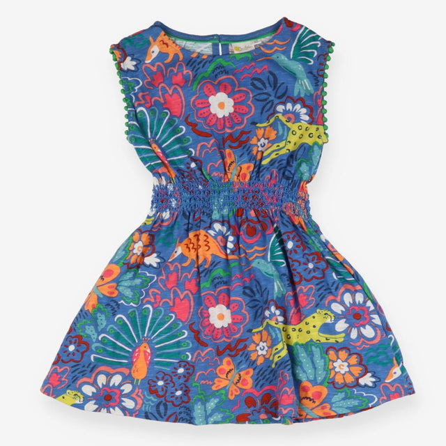 Jersey Dress Blue with Green Little Pompoms and An