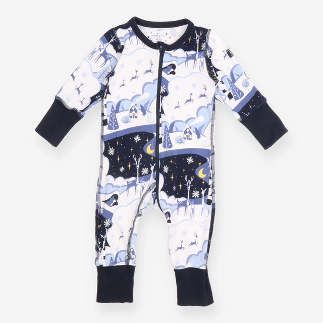 Sleepsuit zip white blue snowy reindeers scene 
