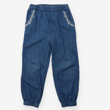 Cropped Denim Trouser with Embroidered White Flowe