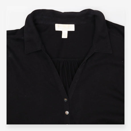 Black Jersey Button‑Front Shirt with Pearl Detail