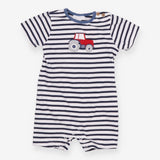 Blue and white striped tractor romper