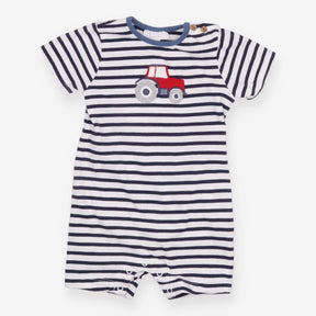 Blue and white striped tractor romper