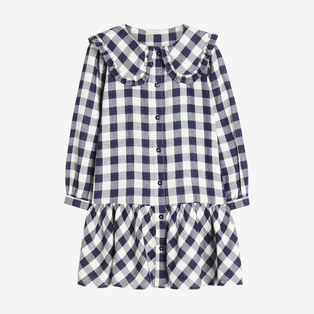 Navy Gingham Ruffle Hem Dress