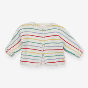 White Knit Cardigan with Colourful Stripes 
