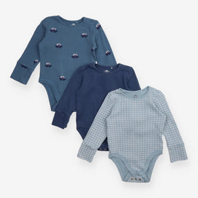 Bodysuits Long Sleeve Waffle Blue Mixed 3-Pack