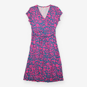Dress Pink Teal Floral Jersey Faux Wrap Midi