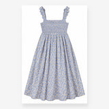 Dress Shirred Bodice Lemon Print Straps Blue Yello