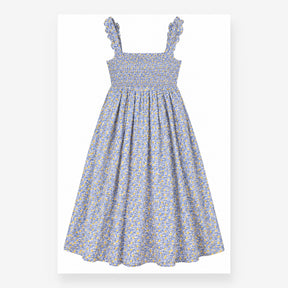 Dress Shirred Bodice Lemon Print Straps Blue Yello