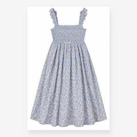 Dress Shirred Bodice Lemon Print Straps Blue Yello