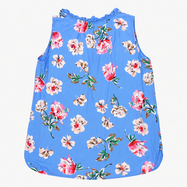 Sleeveless Blouse Blue Floral Ruffle Tie N