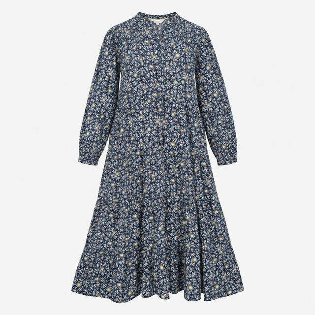 Navy Ditsy Floral V Neck Long Sleeve Midi Dress