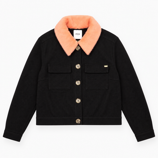 Jacket Black Detachable Faux Fur Collar Button Fro