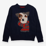 Navy knit sweater with dog in scarf