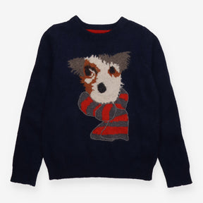 Navy knit sweater with dog in scarf