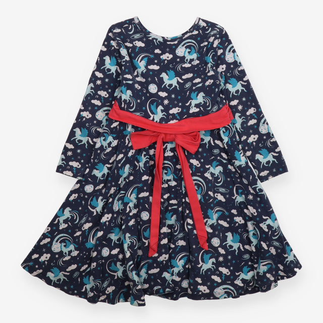 Skater Dress Navy with Unicorns and Detachable Bow