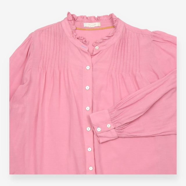 Pintuck Blouse in Mid Pink with Ruffled Collar