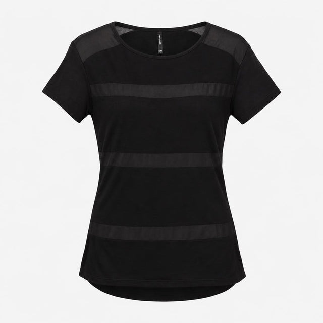 Top Black Sheer Panel Striped Short Sleeve Crew Ne