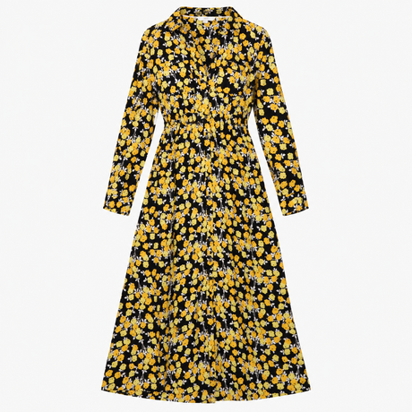 Black & Yellow Floral Long Sleeve Shirt Maxi Dress