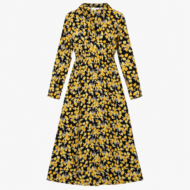Black & Yellow Floral Long Sleeve Shirt Maxi Dress