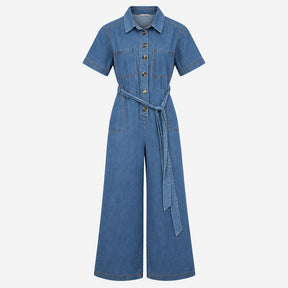 Jumpsuit Denim Short Sleeve Belted Utility Mid Blu